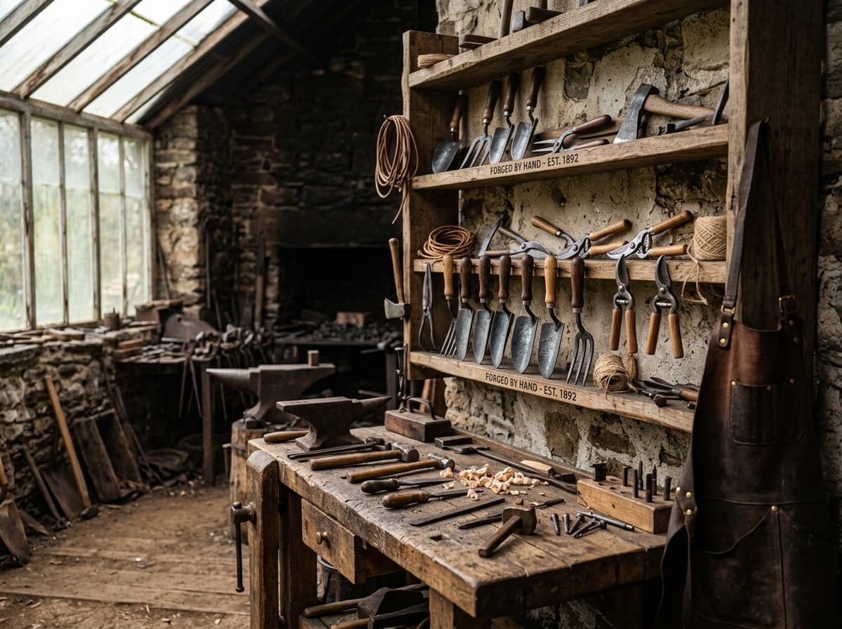 Garden tools hanging on a rustic potting-shed wall
