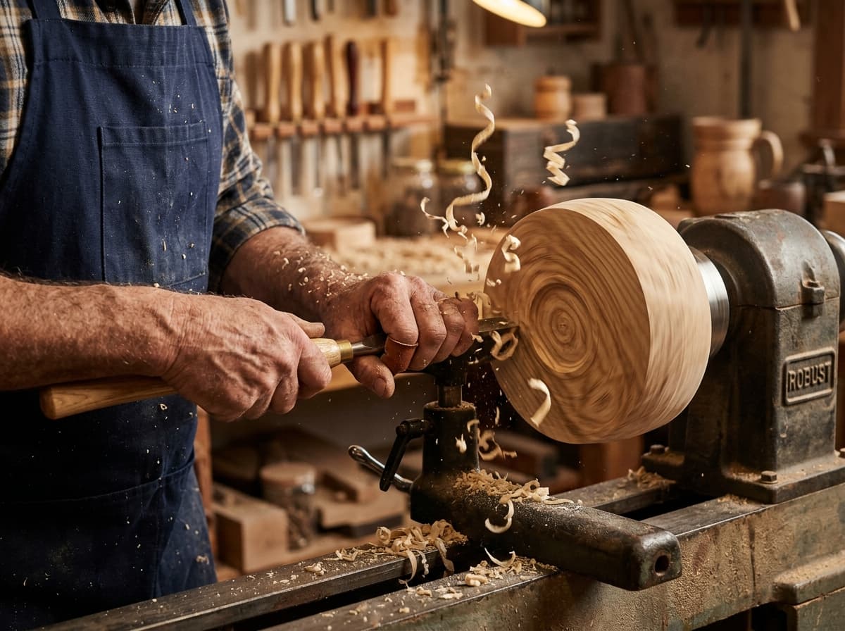 Craftsman finishing a hardwood piece on a lathe
