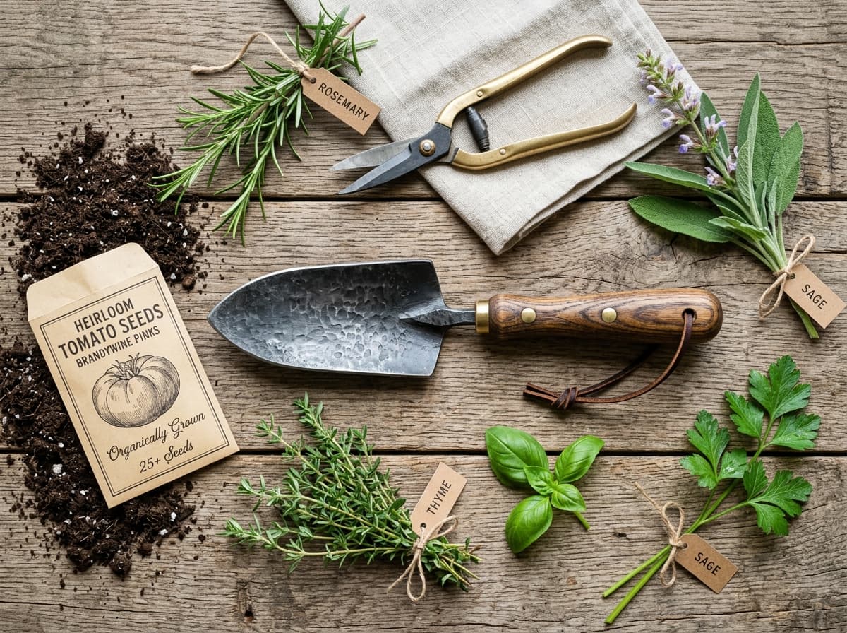 Bypass pruners and a trowel on a potting bench beside fresh herbs