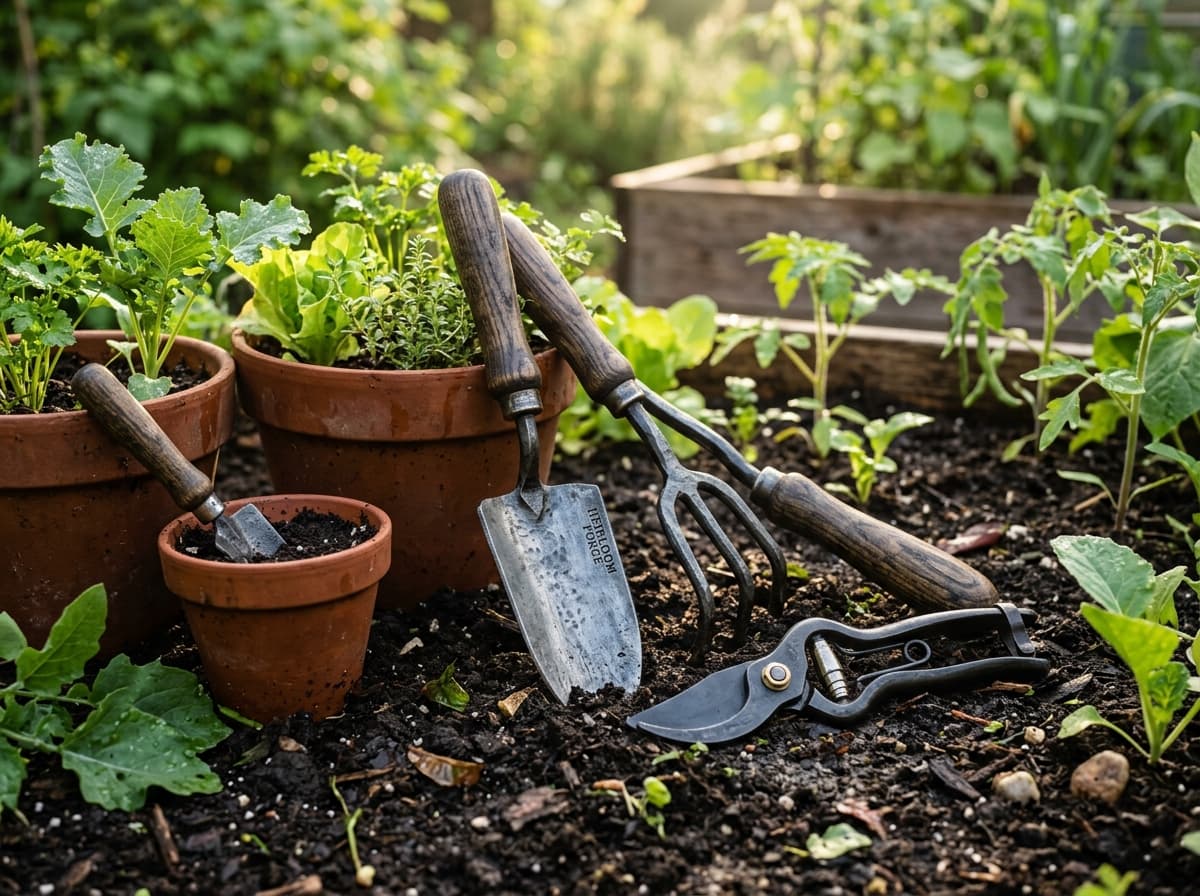 Trowel, fork and pruners laid in fresh garden soil